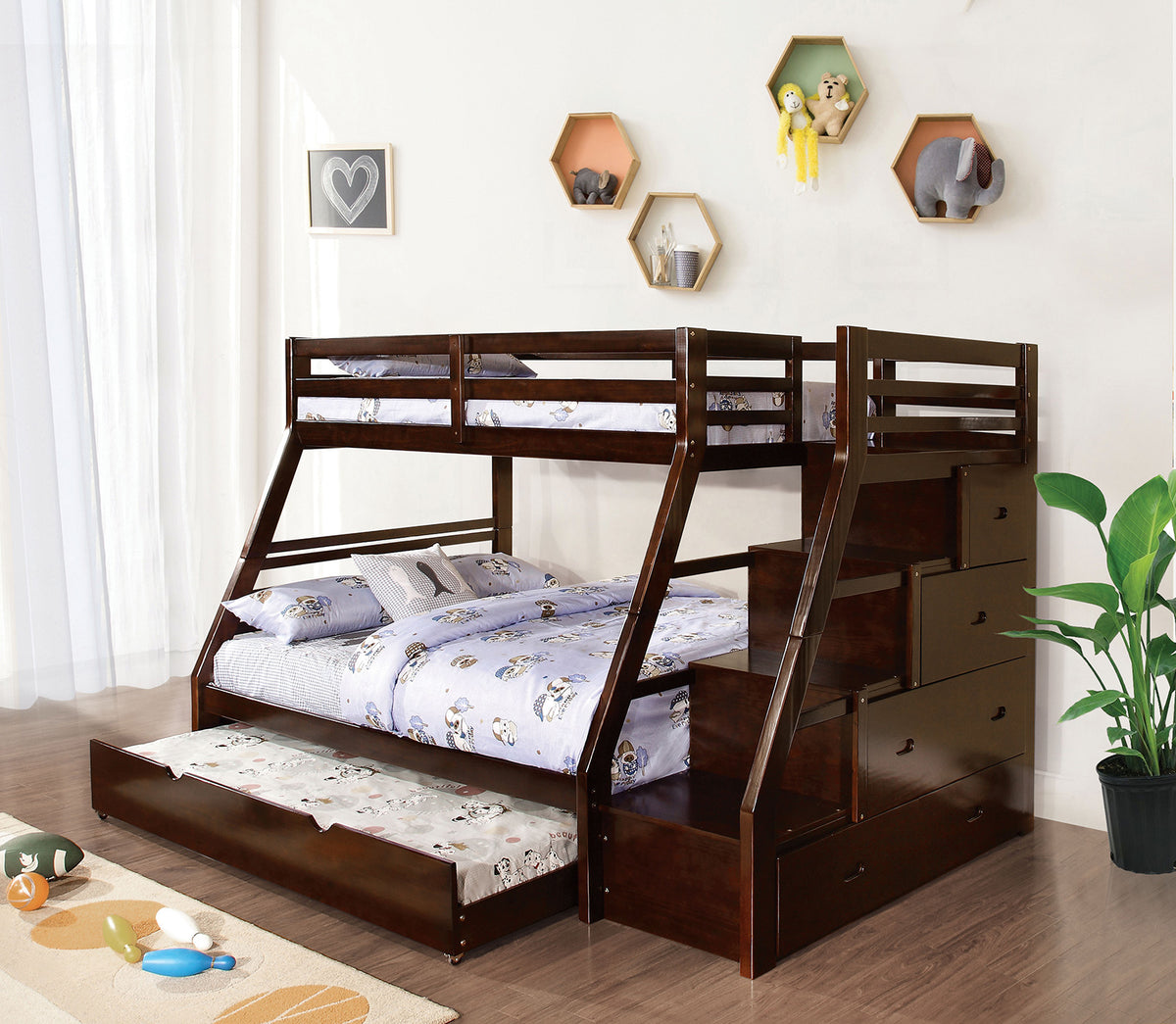 Transitional Style Twin Over Full Bunk Bed With Rails And Lock Joint Structure Built In Drawers And Accessible Steps Slat Kit Included Espresso Finish Trundle Include