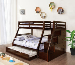 Transitional Style Twin Over Full Bunk Bed With Rails And Lock Joint Structure Built In Drawers And Accessible Steps Slat Kit Included Espresso Finish Trundle Include