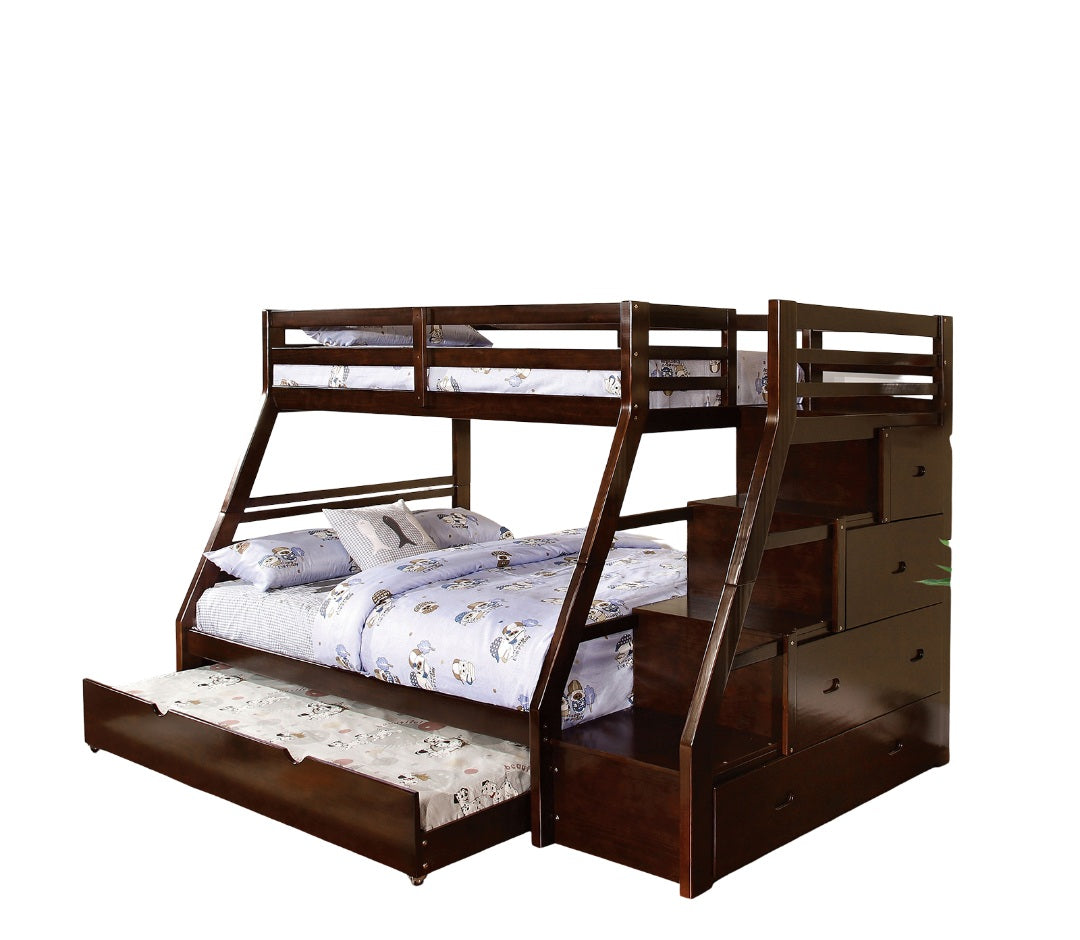 Transitional Style Twin Over Full Bunk Bed With Rails And Lock Joint Structure Built In Drawers And Accessible Steps Slat Kit Included Espresso Finish Trundle Include