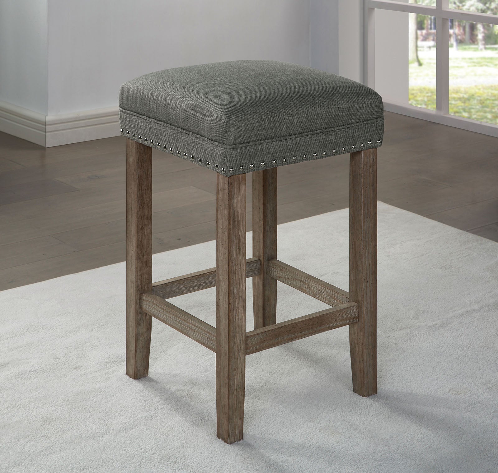Transitional Style 4pc Dining Table Set 1x Table 3x Stool Padded Seat Nailhead Trim USB Port Wire Brushed Gray And Gray Finish