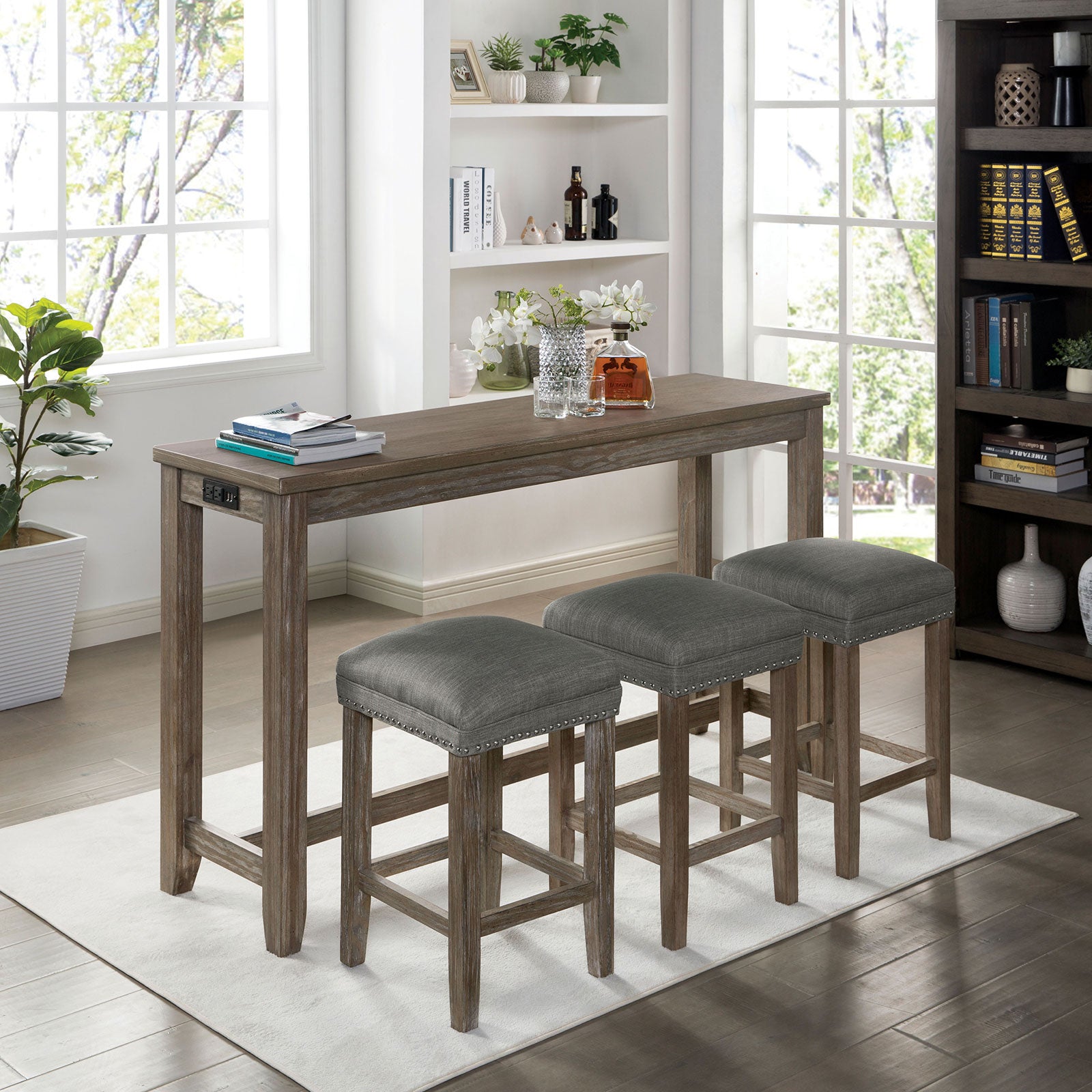 Transitional Style 4pc Dining Table Set 1x Table 3x Stool Padded Seat Nailhead Trim USB Port Wire Brushed Gray And Gray Finish