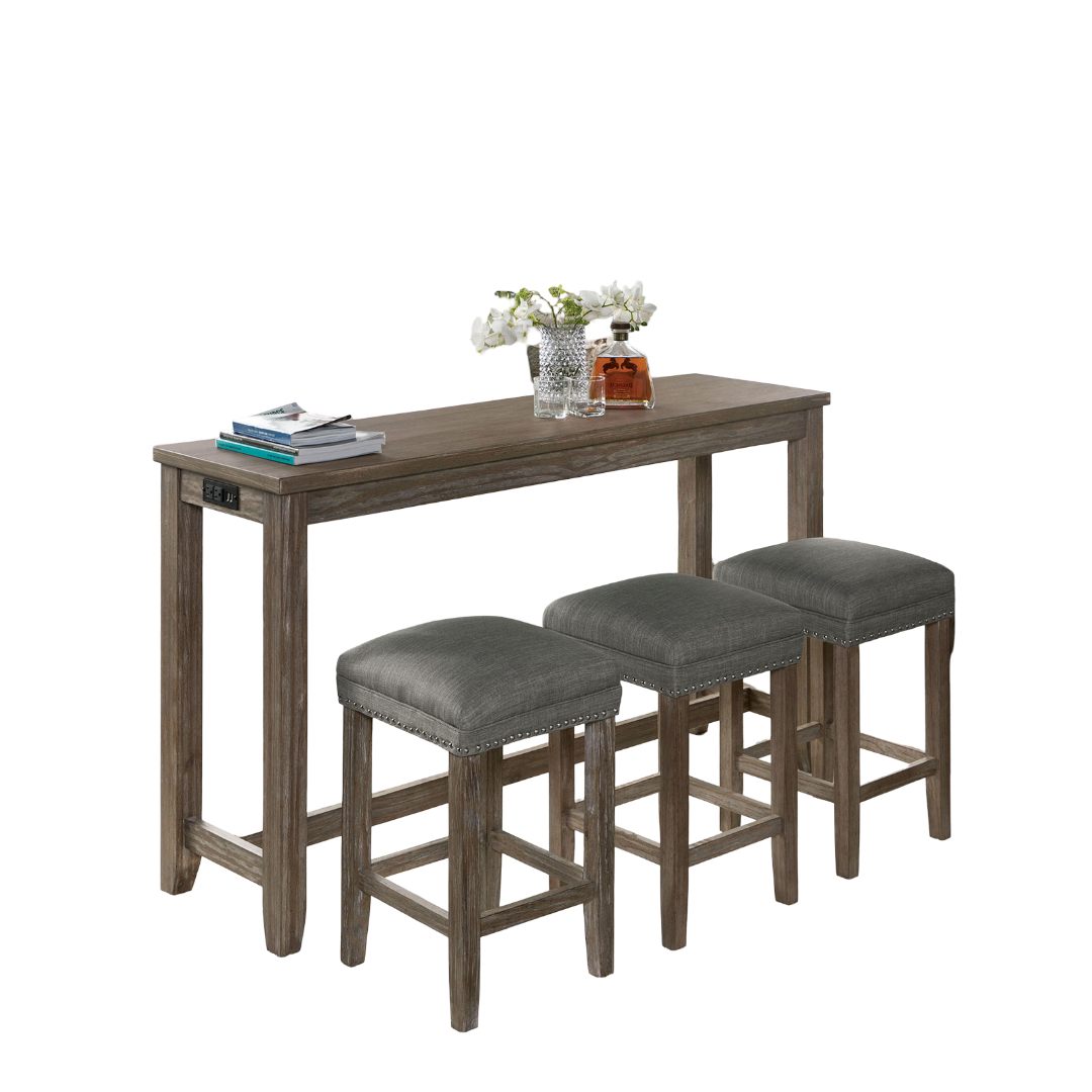 Transitional Style 4pc Dining Table Set 1x Table 3x Stool Padded Seat Nailhead Trim USB Port Wire Brushed Gray And Gray Finish