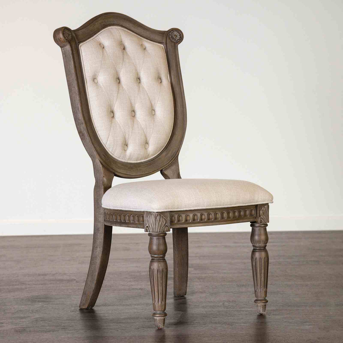Rustic Style 2pc Side Chair Diamond Tufted Chair Back Fluted Front Legs Weather Oak And Beige Finish Dining Room