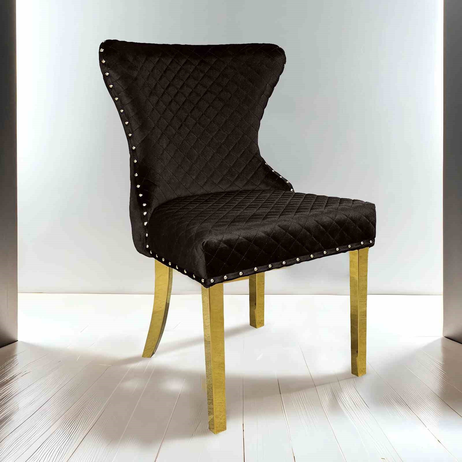 Glam Style 2pc Side Chair Gold Square Legs Diamond Pattern Nailhead Trim Black Finish Dining Room