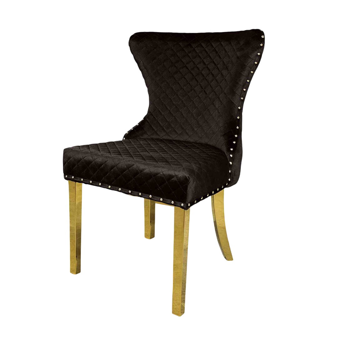 Glam Style 2pc Side Chair Gold Square Legs Diamond Pattern Nailhead Trim Black Finish Dining Room