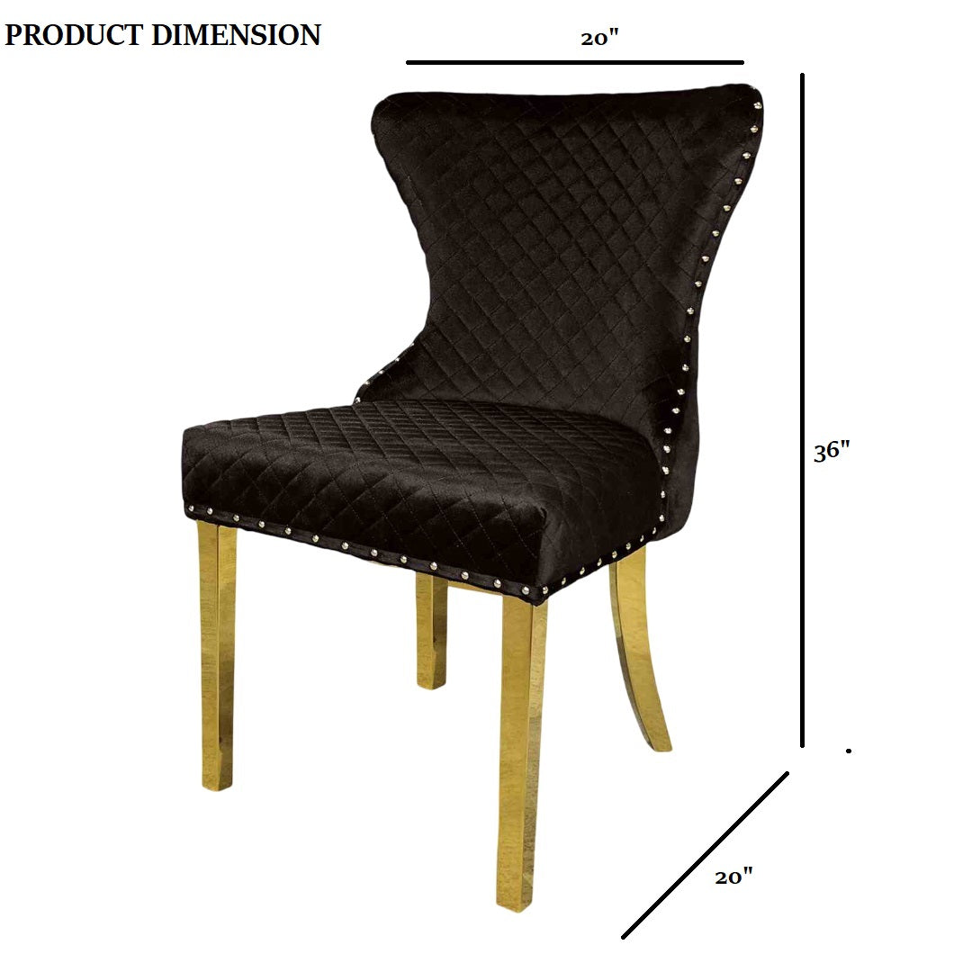 Glam Style 2pc Side Chair Gold Square Legs Diamond Pattern Nailhead Trim Black Finish Dining Room