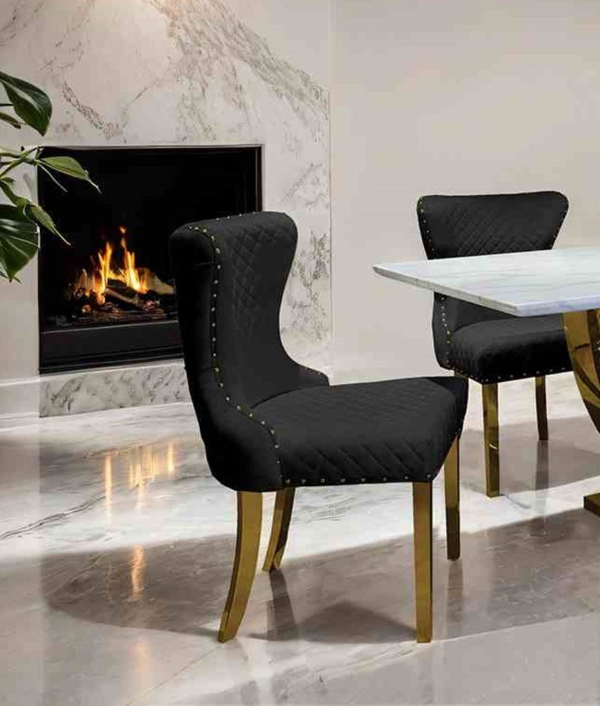 Glam Style 2pc Side Chair Gold Square Legs Diamond Pattern Nailhead Trim Black Finish Dining Room