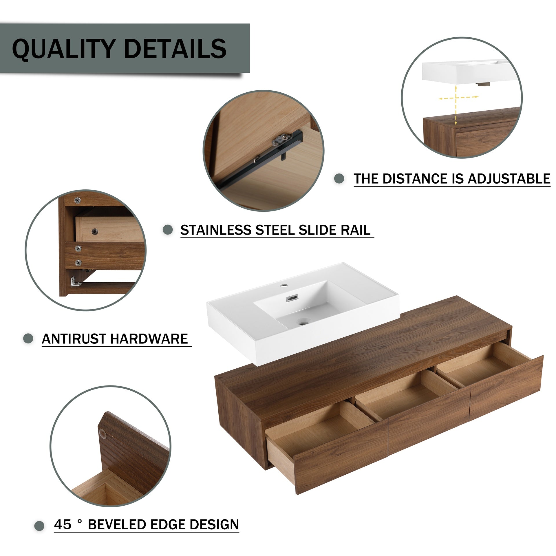 60 inch Wall-Mounted Bathroom Vanity with Resin Sink and Side Cabinet,3-Soft Close Drawer,Float Mounting Design