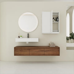 60 inch Wall-Mounted Bathroom Vanity with Resin Sink and 2-Side Cabinet,3-Soft Close Drawer,Float Mounting Design