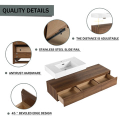 60 inch Wall-Mounted Bathroom Vanity with Resin Sink and 2-Side Cabinet,3-Soft Close Drawer,Float Mounting Design