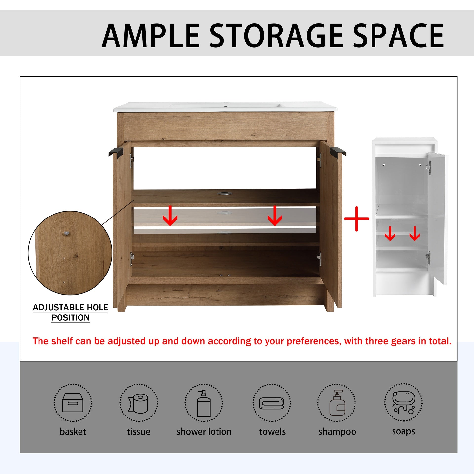 84 Inch Freestanding Bathroom Vanity with Ceramic Sink and Storage Cabinets, Soft Closing Door, 02436IMO*2+0312 Combination Cabinet, KD-Package
