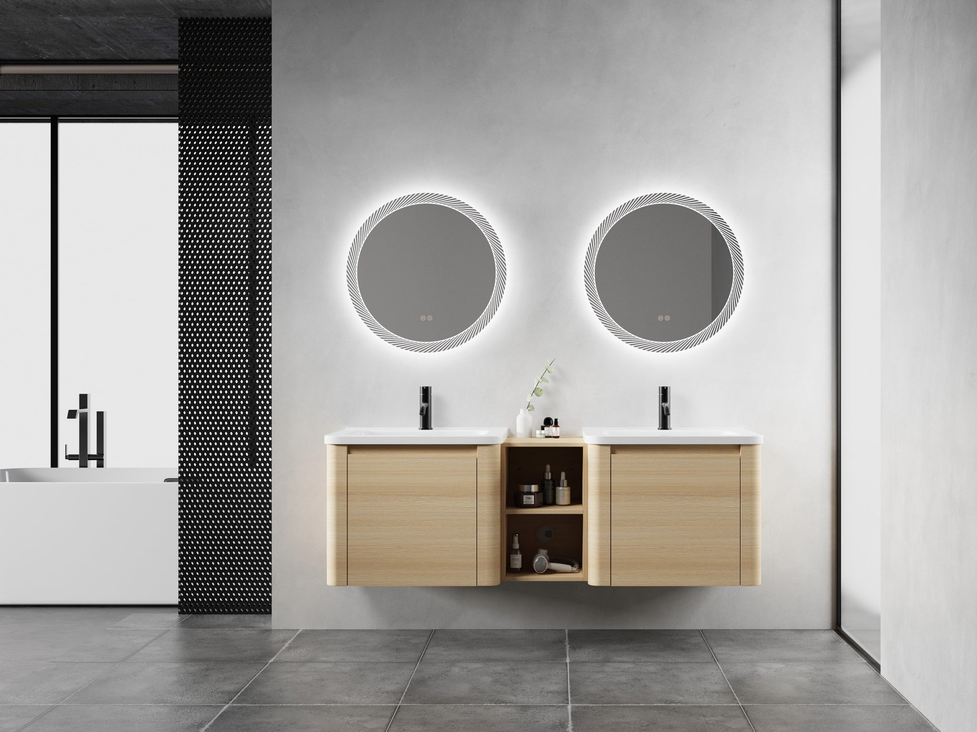 60'' Wall-Mounted Bathroom Vanity with White Ceramic Sink and Storage Shelves & 2-Soft-Close Door, KD-Packing, Plywood, American White Oak