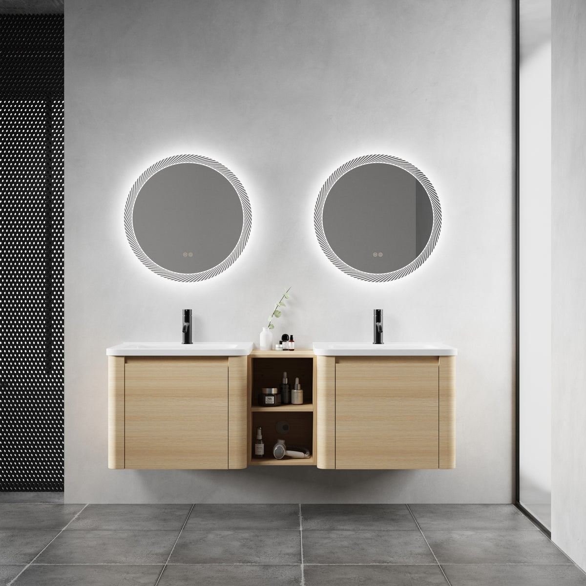60'' Wall-Mounted Bathroom Vanity with White Ceramic Sink and Storage Shelves & 2-Soft-Close Door, KD-Packing, Plywood, American White Oak