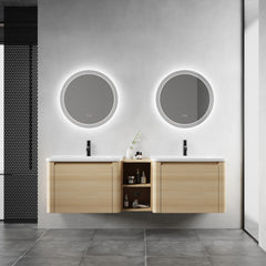 68'' Wall-Mounted Bathroom Vanity with White Ceramic Sink and Storage Shelves & 2-Soft-Close Door, KD-Packing, Plywood, American White Oak