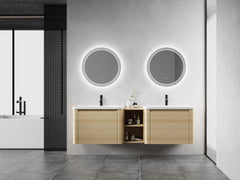 68'' Wall-Mounted Bathroom Vanity with White Ceramic Sink and Storage Shelves & 2-Soft-Close Door, KD-Packing, Plywood, American White Oak