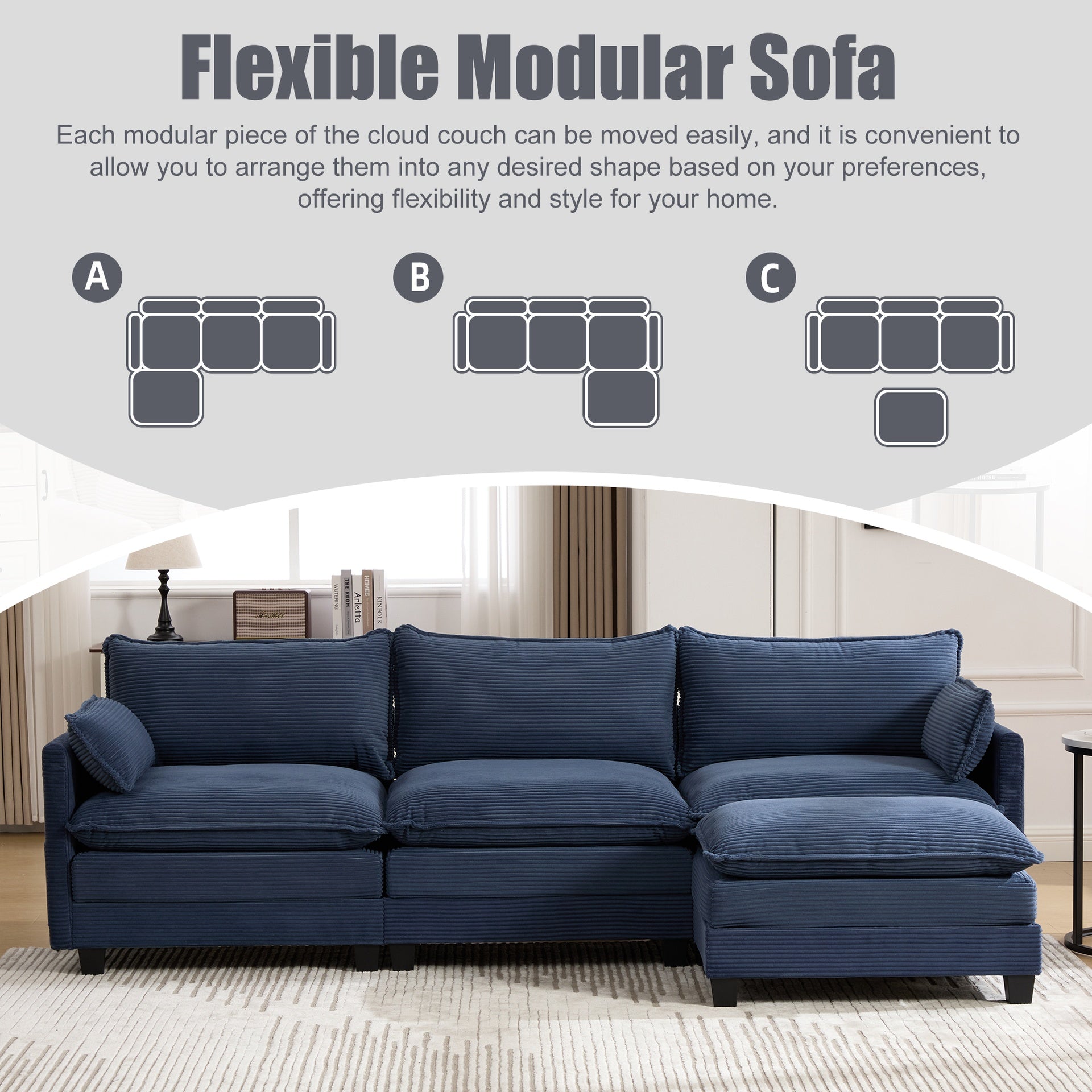 UNITED WE WIN  Oversized Modular Sectional Sofa with Movable Ottoman, 102 Inch 4 Seat Modern Corduroy Sofa Set, Convertible L Shaped Couch for Living Room and Office