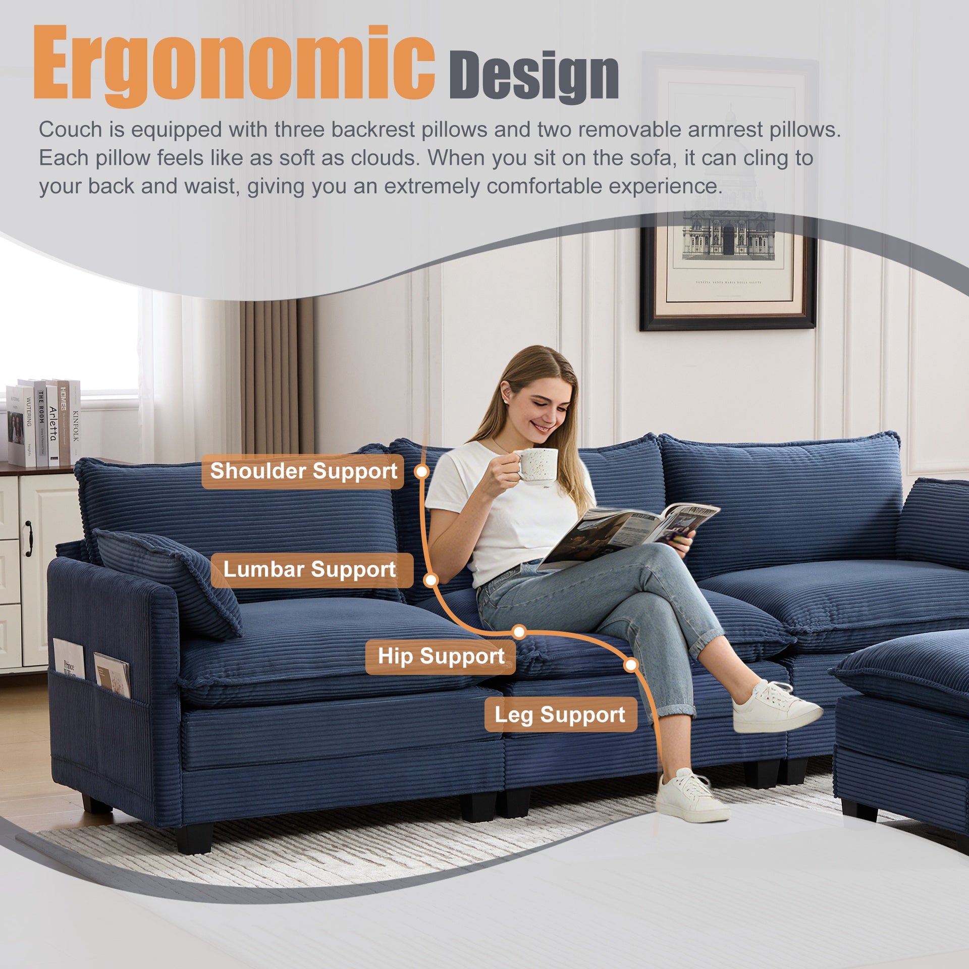 UNITED WE WIN  Oversized Modular Sectional Sofa with Movable Ottoman, 102 Inch 4 Seat Modern Corduroy Sofa Set, Convertible L Shaped Couch for Living Room and Office