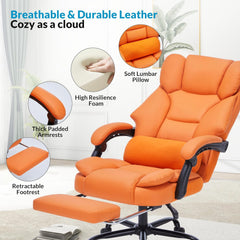 Office Chair with Foot Rest, Executive Office Chair with Arms, Reclining Computer Chair with Wheels and Lumbar Support, PU Leather Comfy Swivel Chair for Home Office