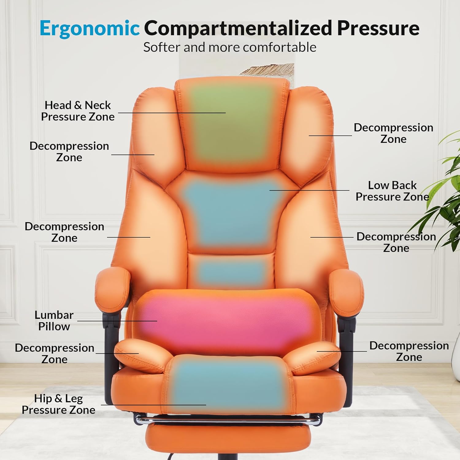 Office Chair with Foot Rest, Executive Office Chair with Arms, Reclining Computer Chair with Wheels and Lumbar Support, PU Leather Comfy Swivel Chair for Home Office