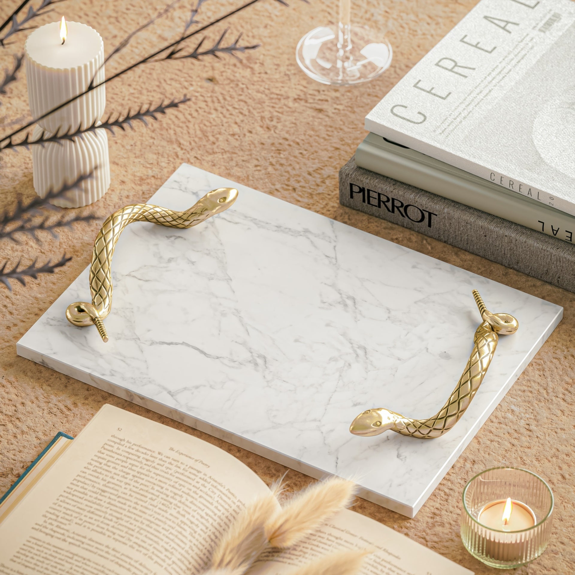 Mamba White Marble Decorative Serving Tray with Brass Snake Handles