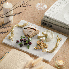 Mamba White Marble Decorative Serving Tray with Brass Snake Handles