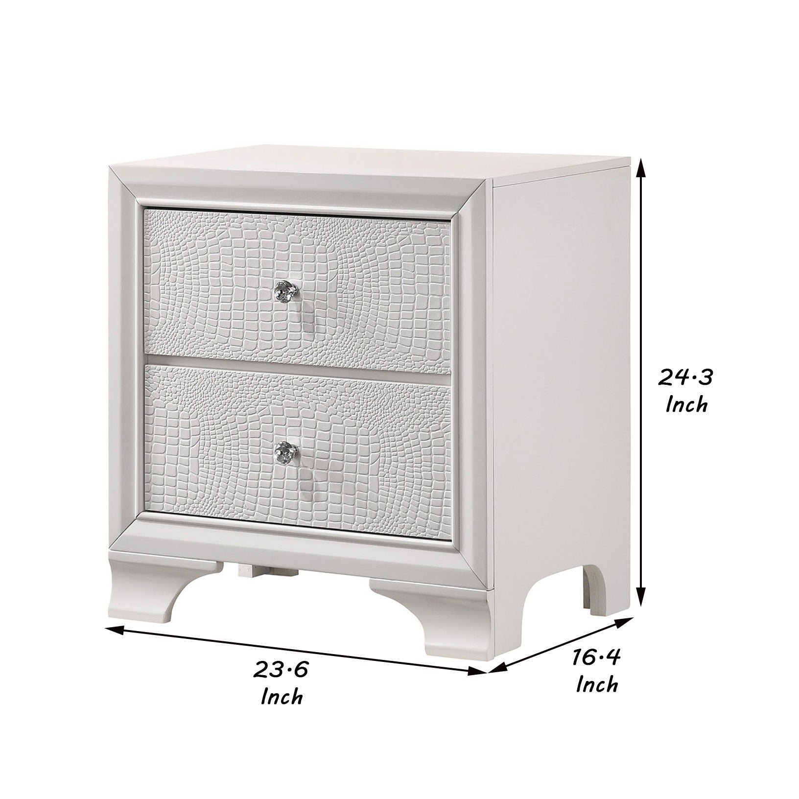 Nightstand with Textured Pattern and 2 Drawers, White