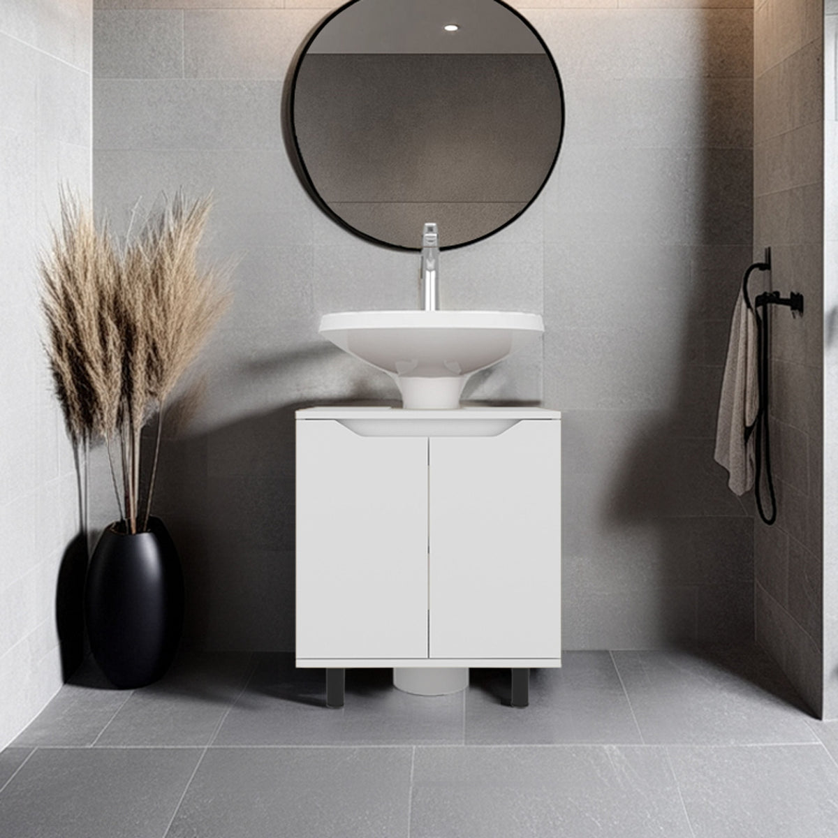 Under Sink Storage 24.8" H, 2 Doors, 2 Shelves, 4 Legs, White - Bathroom