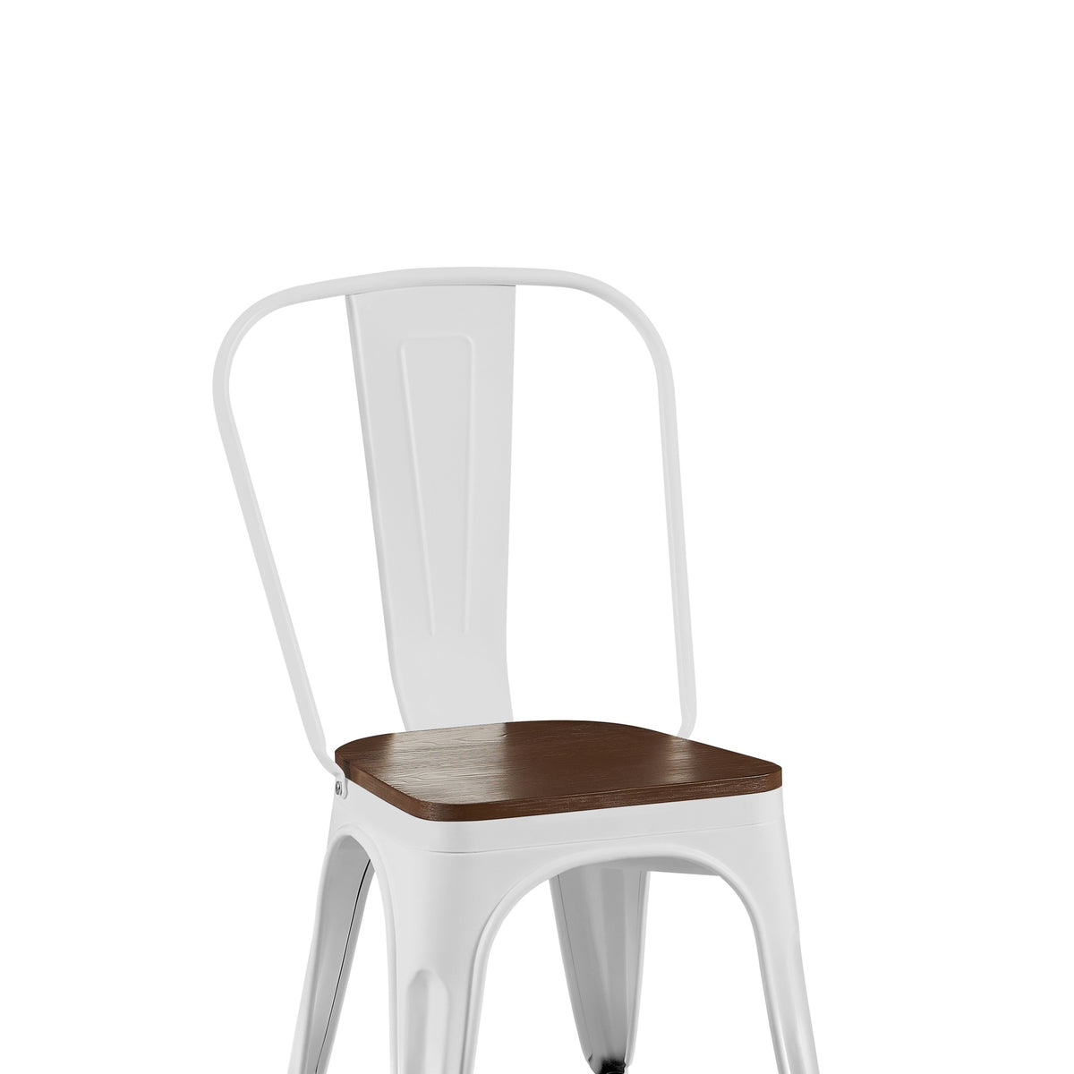 Set of 4 High Gloss White with Walnut Wooden Seat Industrial Metal Dining Chairs 18 Inch Seat Height Stackable, Indoor Outdoor, Lightweight Easy-Clean Surface, Easy Assembly, Durable Modern Design