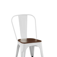 Set of 4 High Gloss White with Walnut Wooden Seat Industrial Metal Dining Chairs 18 Inch Seat Height Stackable, Indoor Outdoor, Lightweight Easy-Clean Surface, Easy Assembly, Durable Modern Design