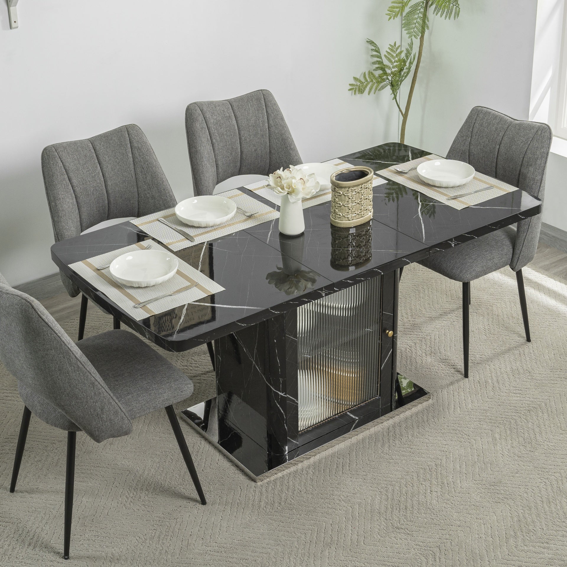 47.24"-63"Modern Rectangle Dining Table, Stretchable, with Printed Black Marble Table Top+Storage Cabinet Table Leg with Metal Base