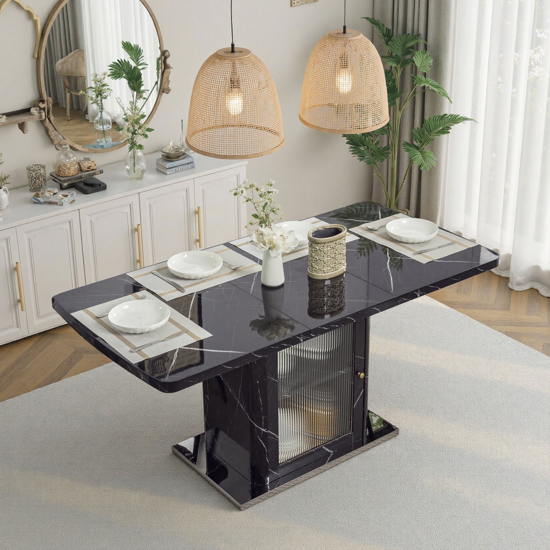 47.24"-63"Modern Rectangle Dining Table, Stretchable, with Printed Black Marble Table Top+Storage Cabinet Table Leg with Metal Base