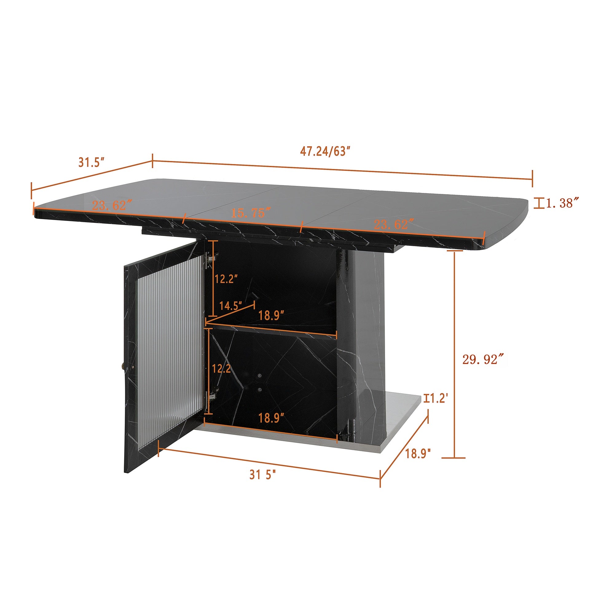 47.24"-63"Modern Rectangle Dining Table, Stretchable, with Printed Black Marble Table Top+Storage Cabinet Table Leg with Metal Base