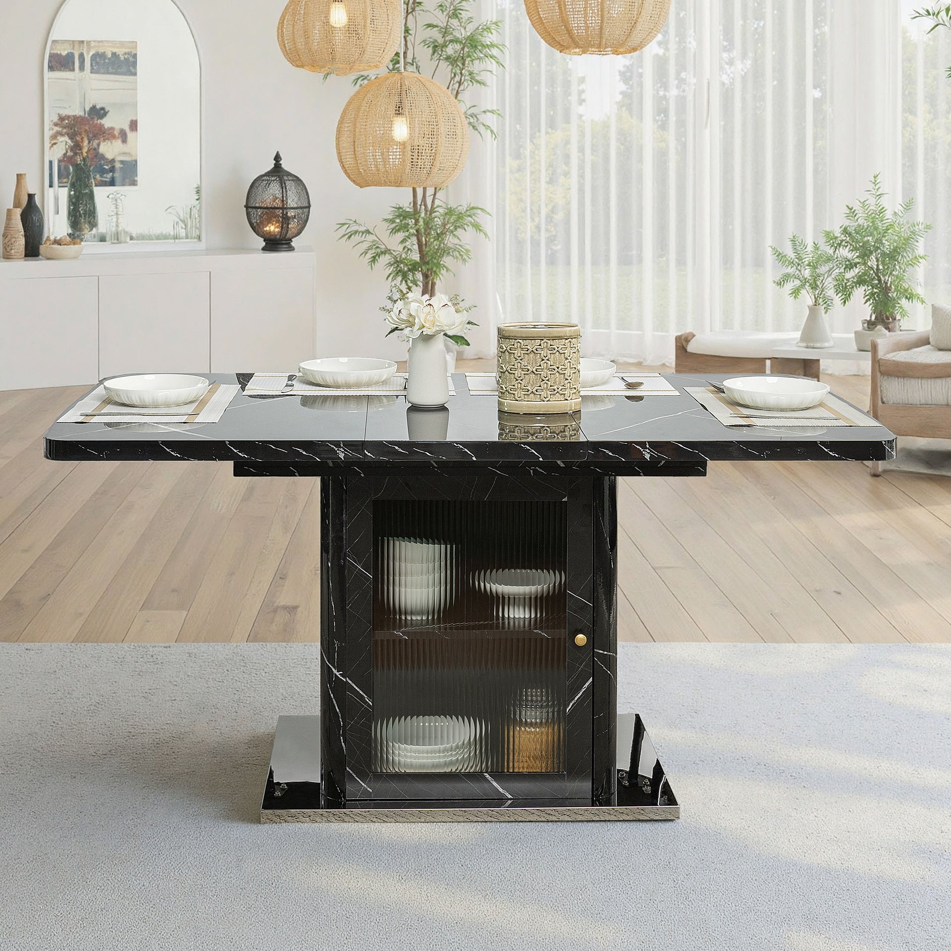 47.24"-63"Modern Rectangle Dining Table, Stretchable, with Printed Black Marble Table Top+Storage Cabinet Table Leg with Metal Base