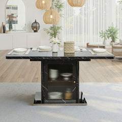 47.24"-63"Modern Rectangle Dining Table, Stretchable, with Printed Black Marble Table Top+Storage Cabinet Table Leg with Metal Base