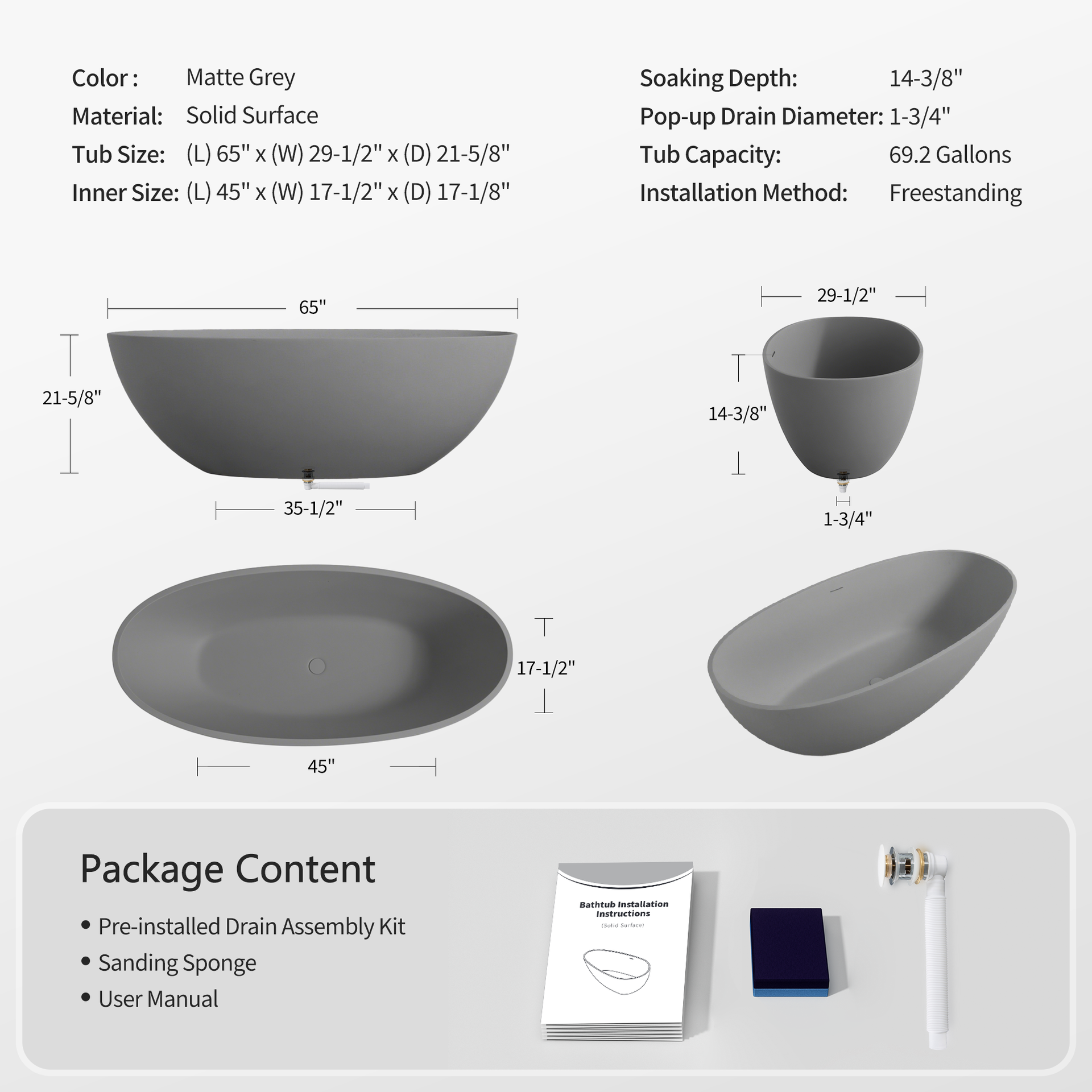 65" Freestanding Solid Surface Bathtub, Luxury Handcrafted Stone Resin Freestanding Soaking Bathtub with Overflow Pop-up Drain Sanding Sponge, Matte Grey GF-24S06-65MG