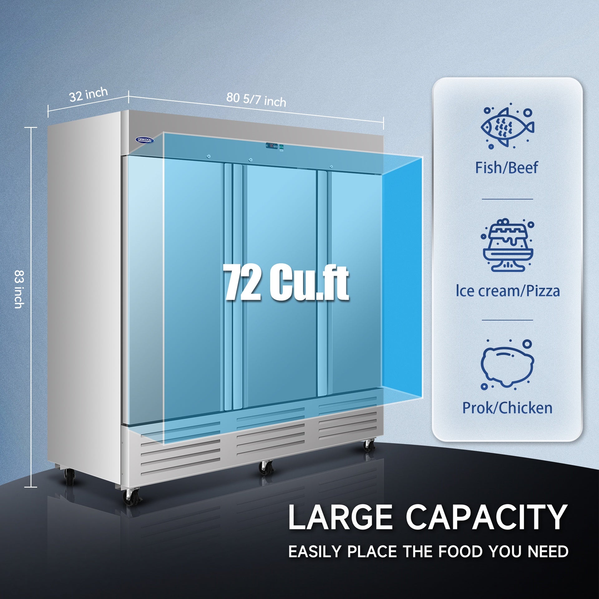 ORIKOOL 81" Commercial Freezer 72 Cu.ft with 2 Solid Door Reach-In Freezers Stainless Steel ETL Approved Upright Freeze Storage