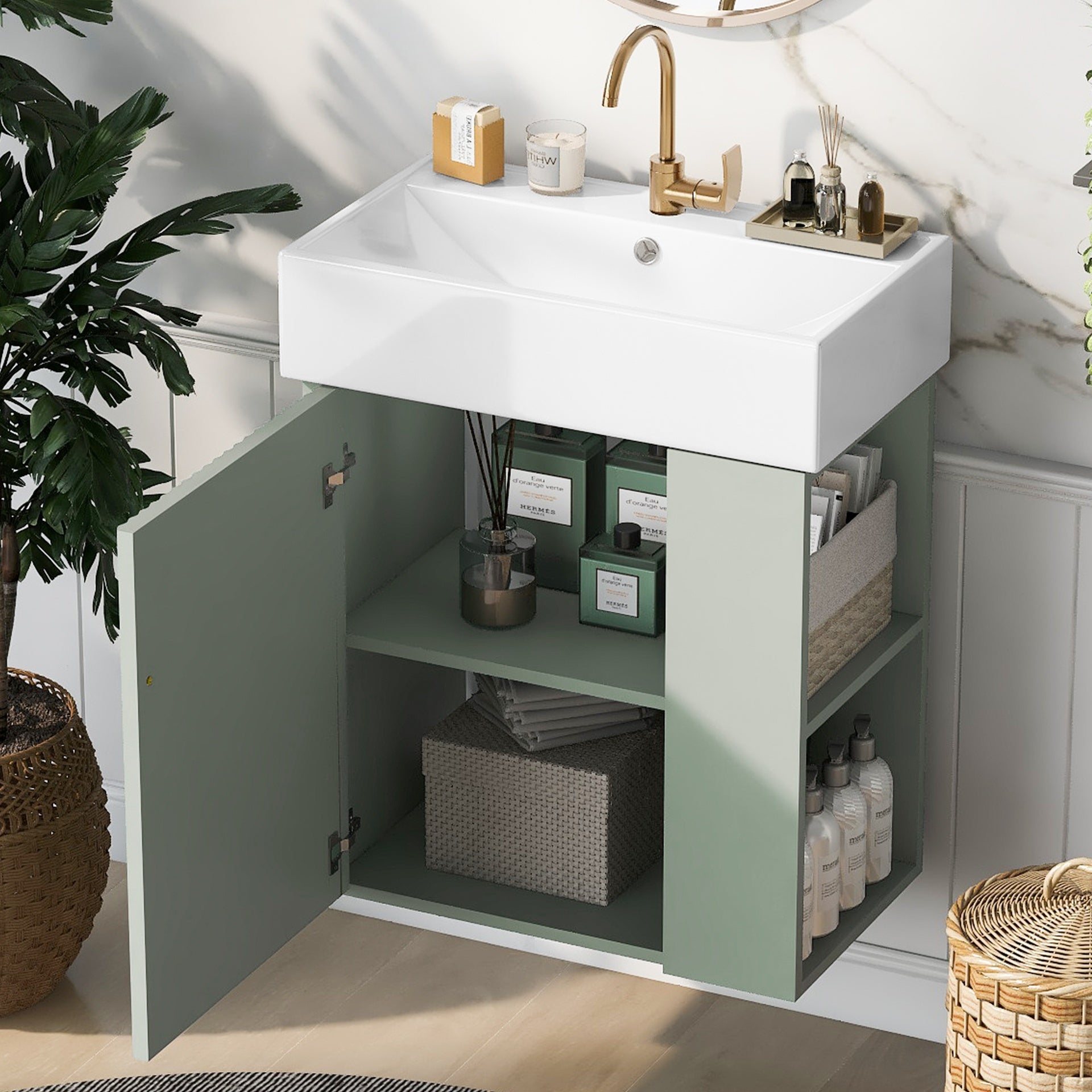 21.6 inch Modern Floating Bathroom Vanity with Ceramic Basin - Perfect for Small Bathrooms, Right side storage