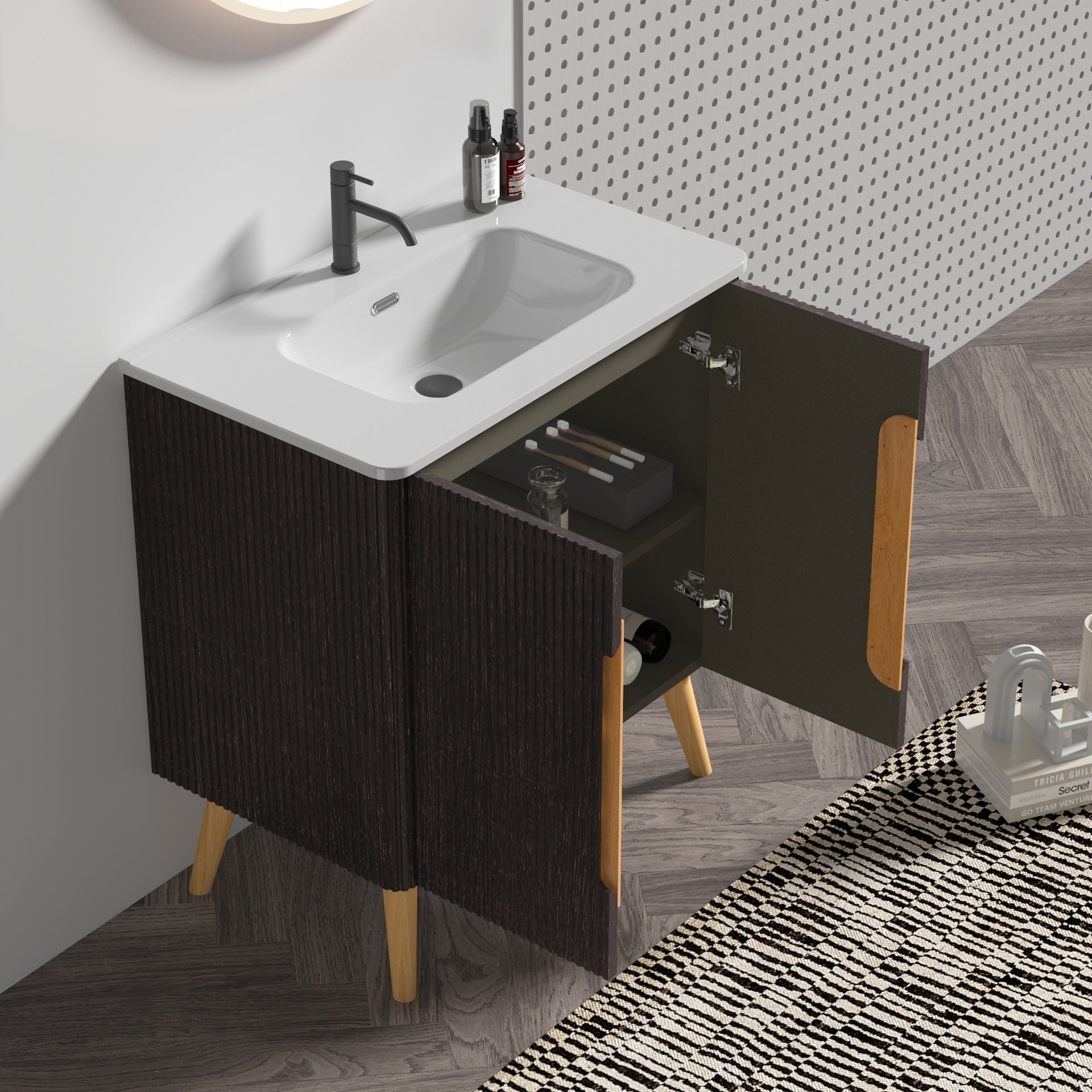U136-ETNA30F-308 Etna 30" Brushed Black Oakt Bathroom Vanity with Sink, Freestanding & Wall Mounted Bathroom Cabinet Options for Modern Bathrooms, KD