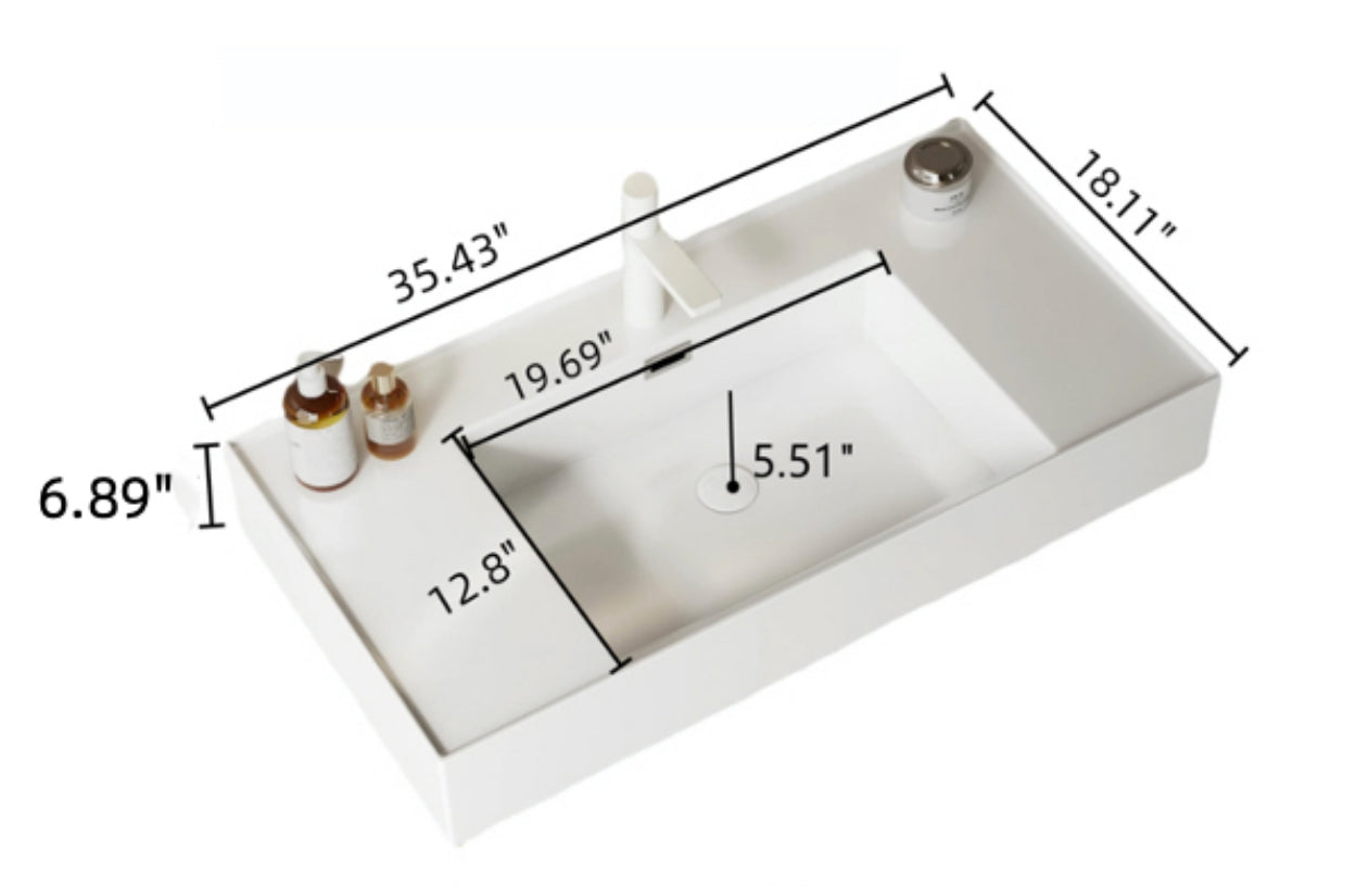 LEDE 36" Bathroom Vanity with Vessel Sink, Wall-Mounted Floating White Rectangular Acrylic Integrated Basin without Faucet, Striped Shelves Layer, Dark Walnut Woodgrain Color