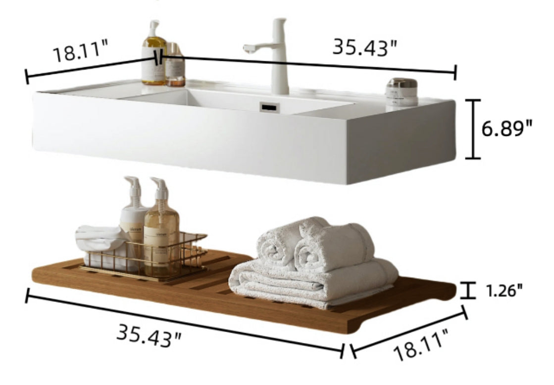 LEDE 36" Bathroom Vanity with Vessel Sink, Wall-Mounted Floating White Rectangular Acrylic Integrated Basin without Faucet, Striped Shelves Layer, Dark Walnut Woodgrain Color