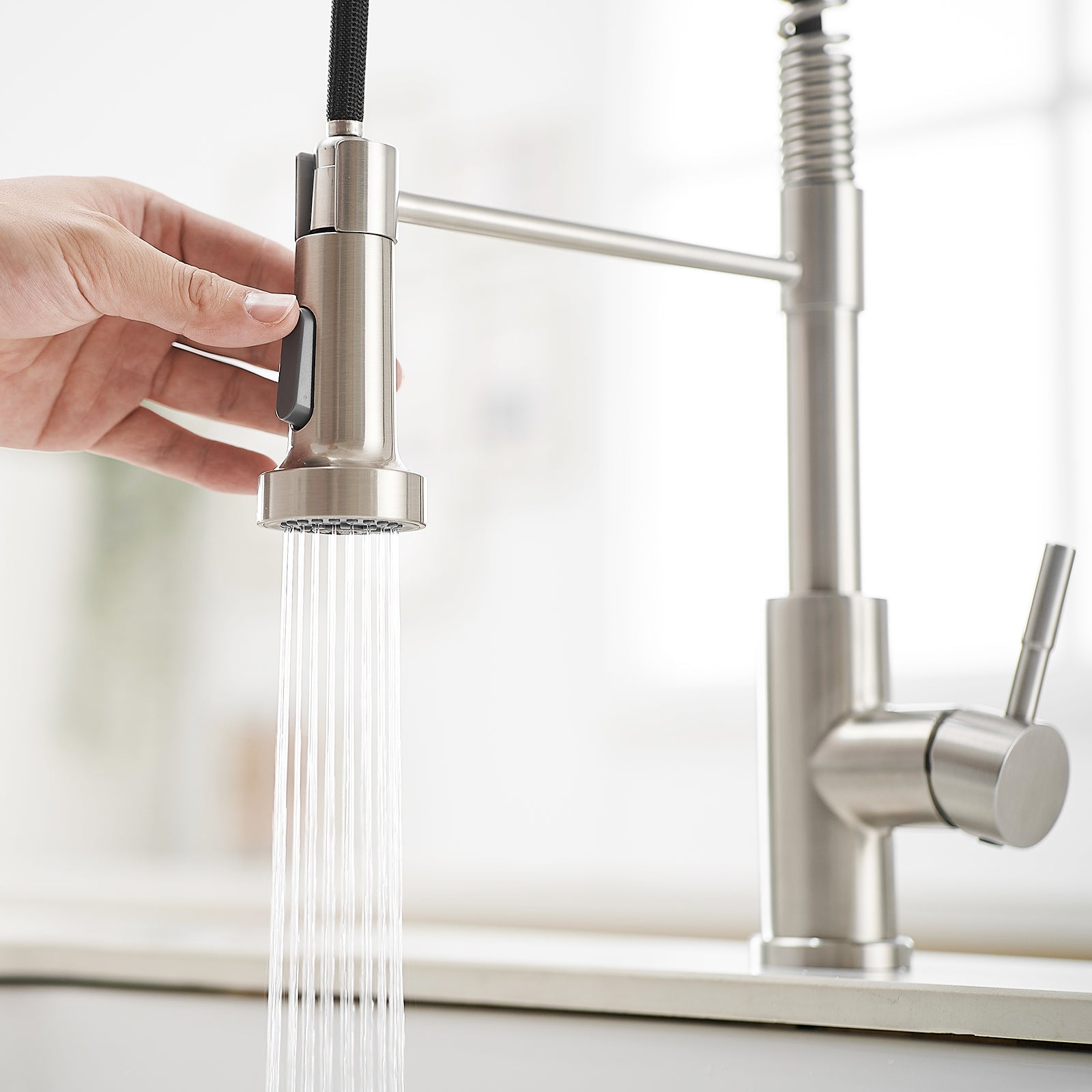Kitchen Faucet with Pull Down Sprayer Brushed Nickel Stainless Steel Single Handle Pull Out Spring Sink Faucets