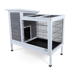 Two-Tier Wooden  Rabbit Cage Outdoor Indoor for Small Animals with Runway and Leak-Proof Plastic Tray,Grey