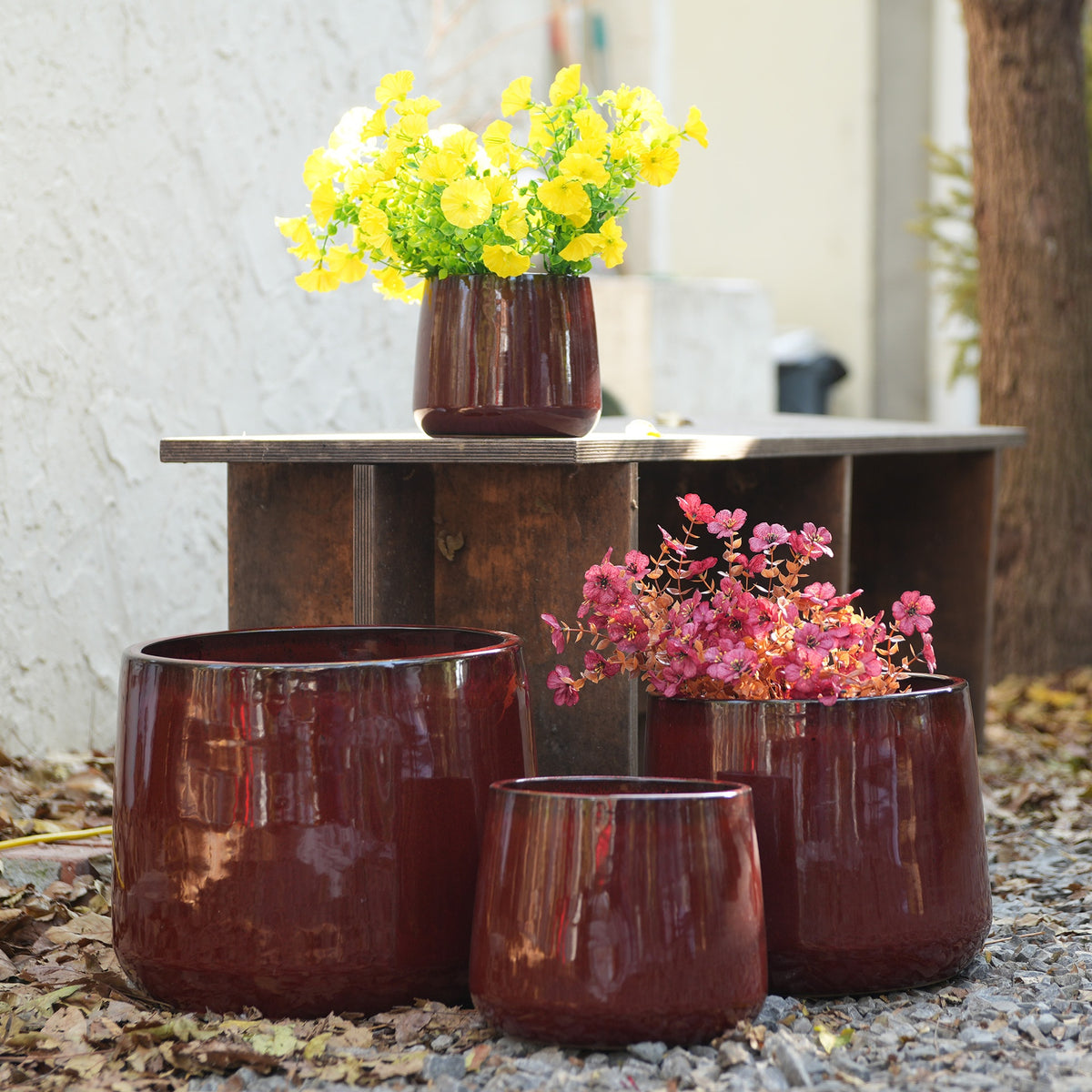 Handmade Ceramic Flower Pot Set of 4, 7/9/11/14 Inch Diameter, Deep Red Speckled Glaze for All Flowers, Indoor/Outdoor Use on Windowsill & Bookshelf, Breathable Clay