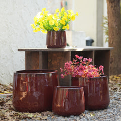 Handmade Ceramic Flower Pot Set of 4, 7/9/11/14 Inch Diameter, Deep Red Speckled Glaze for All Flowers, Indoor/Outdoor Use on Windowsill & Bookshelf, Breathable Clay