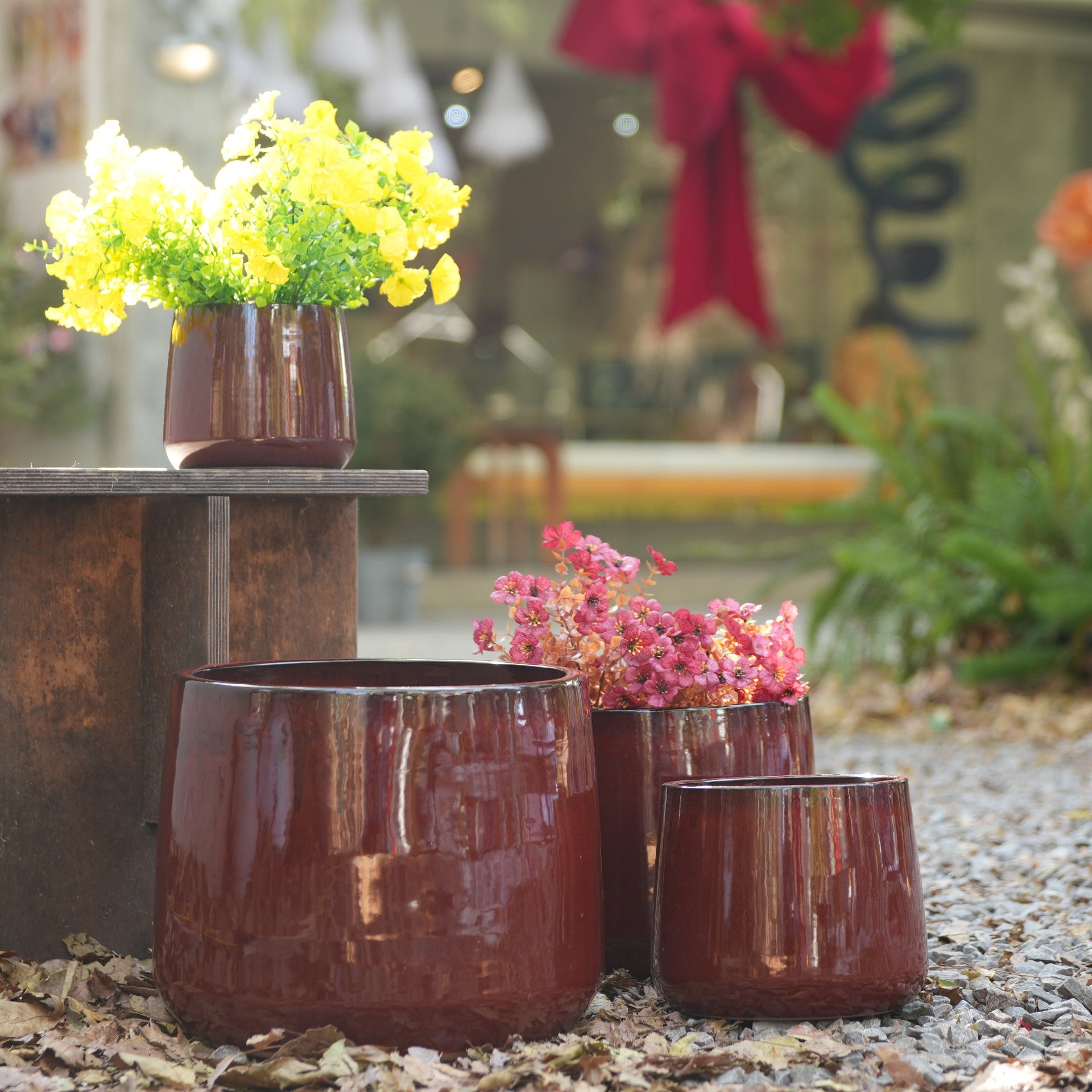 Handmade Ceramic Flower Pot Set of 4, 7/9/11/14 Inch Diameter, Deep Red Speckled Glaze for All Flowers, Indoor/Outdoor Use on Windowsill & Bookshelf, Breathable Clay