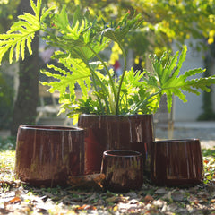 Handmade Ceramic Flower Pot Set of 4, 7/9/11/14 Inch Diameter, Deep Red Speckled Glaze for All Flowers, Indoor/Outdoor Use on Windowsill & Bookshelf, Breathable Clay