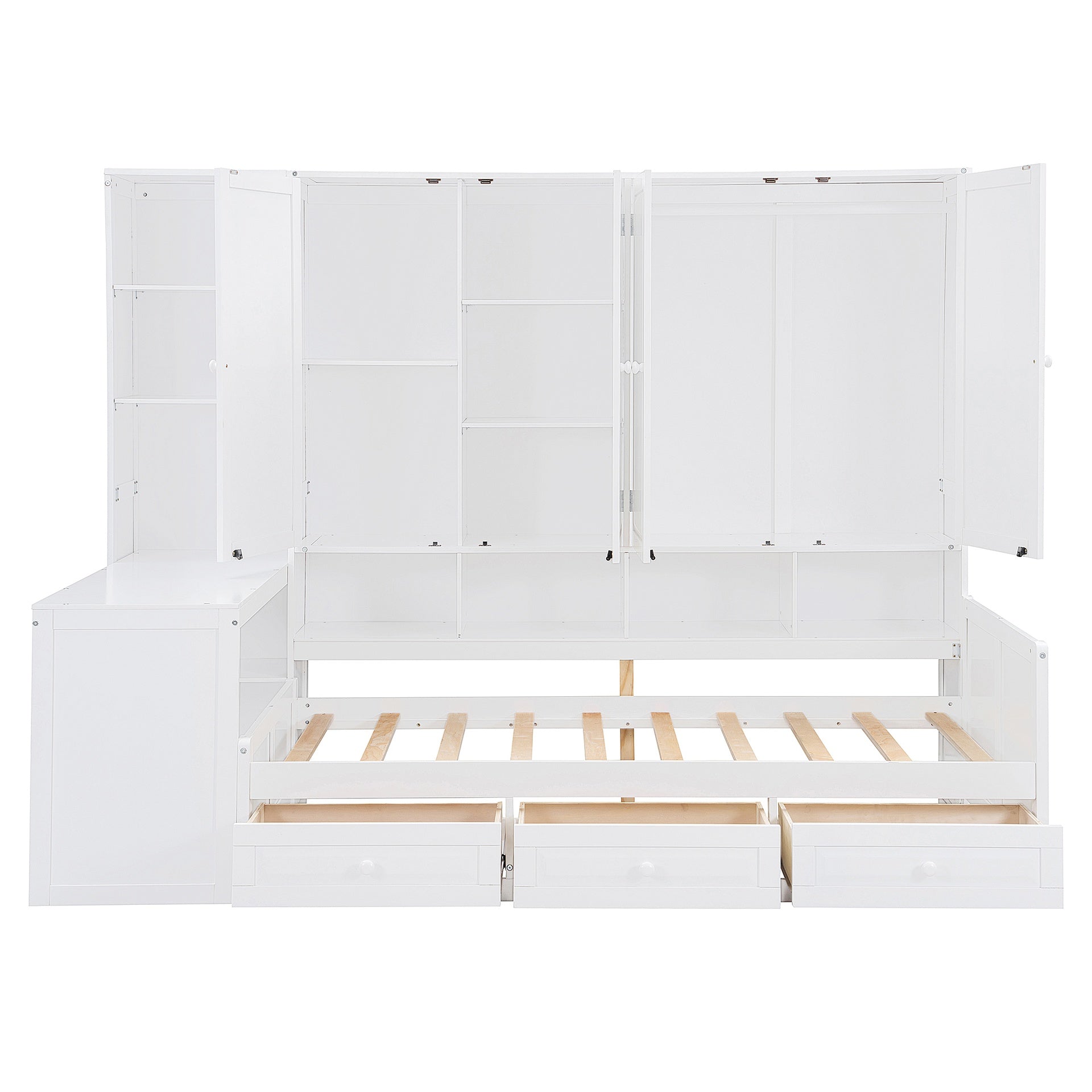 Twin Size Wooden Daybed With Three Drawers, and All-in-One Cabinet, Desk and Shelves, White