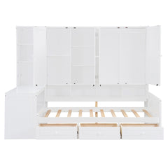 Twin Size Wooden Daybed With Three Drawers, and All-in-One Cabinet, Desk and Shelves, White