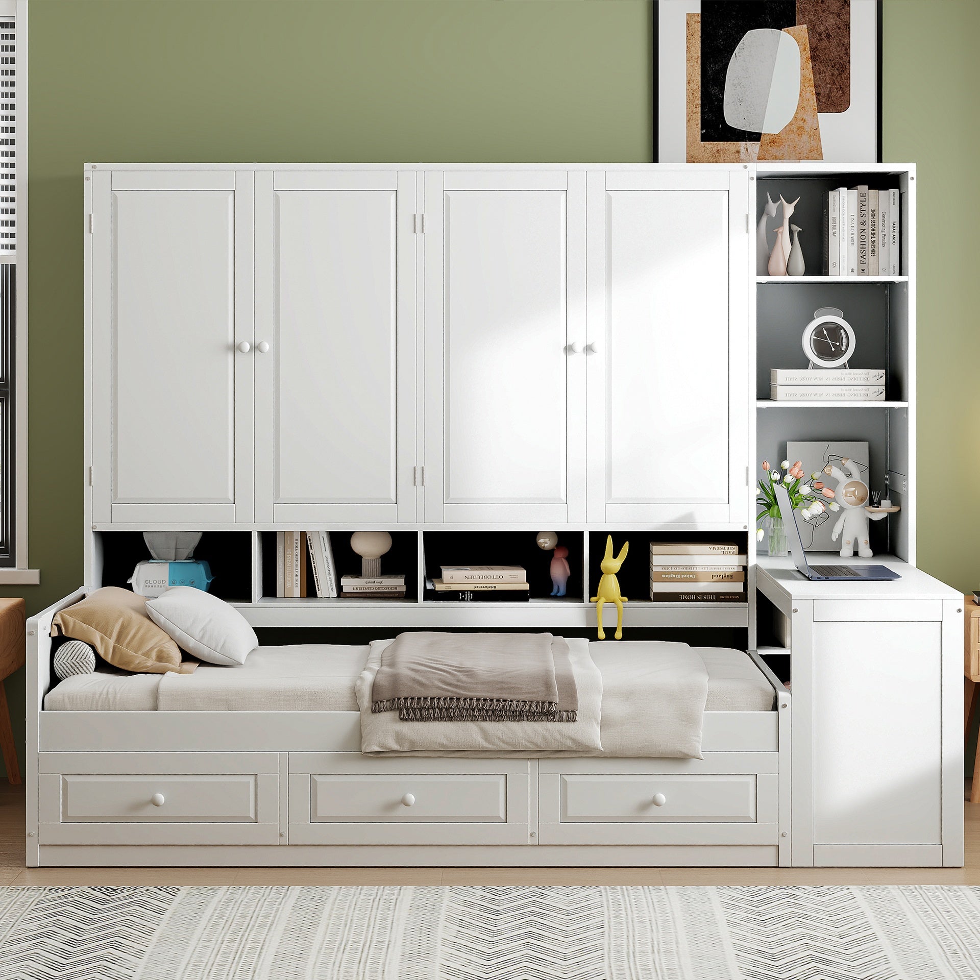Twin Size Wooden Daybed With Three Drawers, and All-in-One Cabinet, Desk and Shelves, White