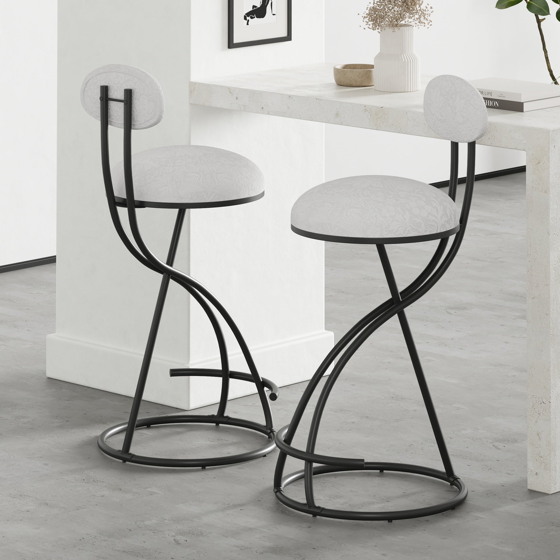 Round Print Bar Stools Set of 2 Black Metal Upholstered Chairs for Kitchen Island & Dining Rooms Counter Stools (Black & White Print)